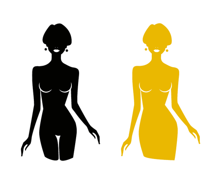 Silhouette of a fashionable female half-figure. Beautiful woman. Sign. Flat design. Vector. Isolated on white backgroundのイラスト素材