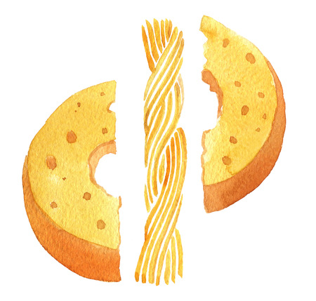 Cheese circle and cheese spaghetti. Watercolor. Isolated on white backgroundの写真素材
