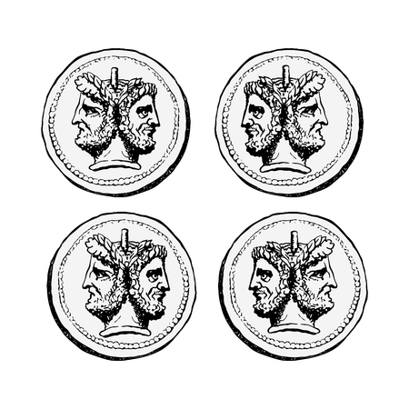 Two-faced Janus. Two male heads in profile, connected by the nape. Stylization of the ancient Roman coin. Graphical design. Vector illustration.のイラスト素材