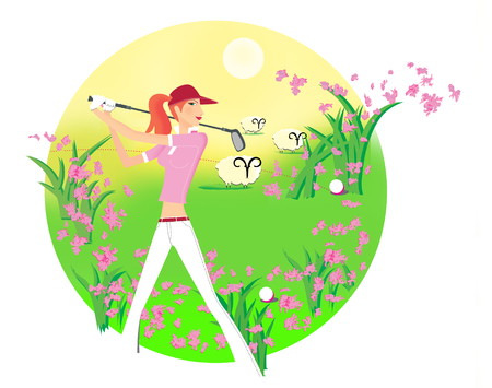 Zodiac sports lady. Aries. Girl playing golf in pasture with sheep.の写真素材