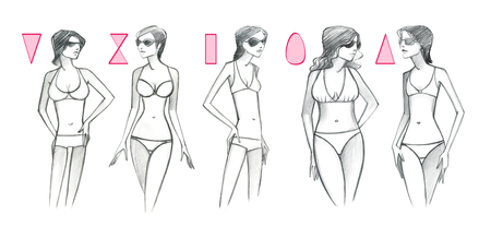 5 types of female figures in swimsuits and sunglasses. Pencil drawing isolated on white backgroundの写真素材