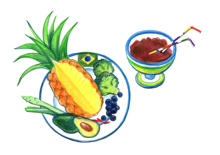 Brazilian food. Pineapple, avocado, broccoli in a plate and chocolate in a cup. Drawing with colored pencilsの写真素材
