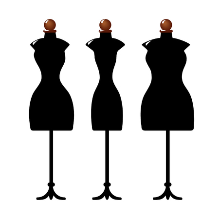 Three black female body shape mannequins. Torso dummy for woman tailor mannequins. Three types of female figure. Vector image. Isolated on white backgroundのイラスト素材