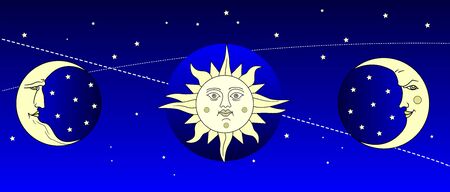 Fantastic starry sky for background. Sun and moon with the face of a mans and woman. Retro and folk style. Flat designの写真素材