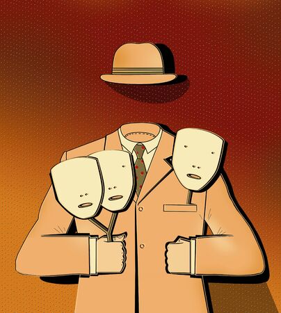 Man without a face holds 3 masks in his hands. Classic suit and bowler hat of a businessman. Surreal Imageの写真素材
