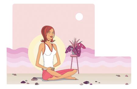 Sitting girl at sunset meditates and calms down. Against the backdrop of waves and sun.の写真素材