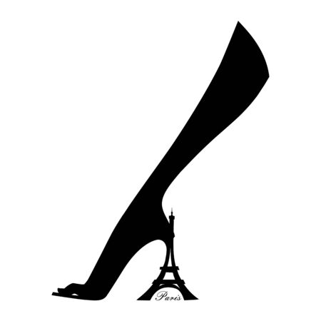 Elegant female foot in shoes with Ð° heel in the form of the Eiffel Tower. Paris. Line graphics. Vector illustration. Isolated on a white backgroundのイラスト素材