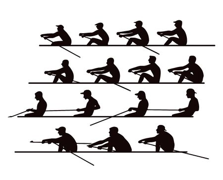 4 teams of rowers in boats and canoes for the race. Silhouette. Vector illustrationのイラスト素材