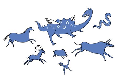 Set of stylized images of animals of the primitive ancient world: dinosaur, horse, wild boar, goat, ostrich, snake. Vector image. Isolated on a white backgroundのイラスト素材