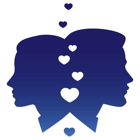 Back to back, a girl and a boy with hearts flying between them. Vector illustration.のイラスト素材