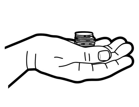 Man's hand holds a stack of coins. Line graphics. Vector illustrationのイラスト素材