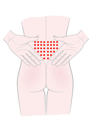 Self-massage of the lower back and back, acupuncture. Female torso rear view. Vector. Isolated on a white background.のイラスト素材