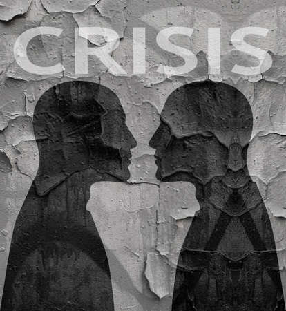 Crisis and depression. Psychological problems. Silhouette profile two portrait of men against the background of a destroyed wall.の写真素材