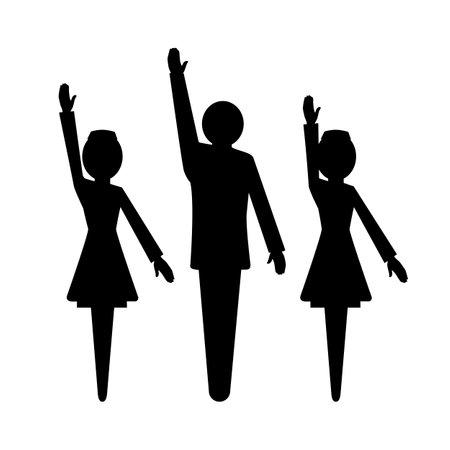 Man in a business suit, woman in a white coat with a raised hand. Voting. Sign and symbol. Pharmacy and medicine. Vector illustration uniform silhouetteのイラスト素材