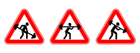 Weightlifter with a barbell. Fitness and bodybuilding. Silhouette sign. Vector illustration. Humor. Road sign in red triangleのイラスト素材