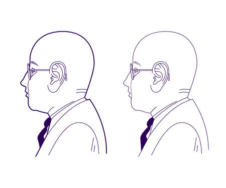 Profile of a bald man in glasses and a suit with a tie. Office worker. Linear drawing, vector illustrationのイラスト素材
