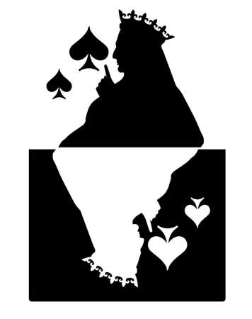 Profile of the face of the Queen of Spades in the crown. The lady raises her finger up - a sign of attention. Silhouette vector illustration. Isolated on white background.のイラスト素材