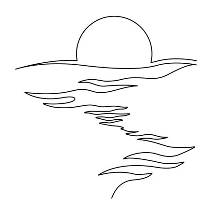 Sunset over the sea. Single continuous line drawing. Vector illustration. Isolated on white backgroundのイラスト素材