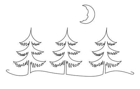 Christmas trees with a moon. New Year forest. Festive mood, humor. Continuous line drawing. Vector illustration. Isolated on white backgroundのイラスト素材