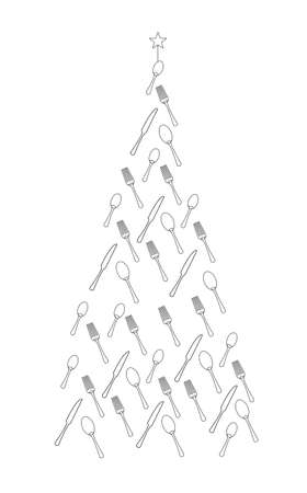 Christmas tree made of cutlery - forks, spoons and knives. Line drawing. Vector illustration.のイラスト素材