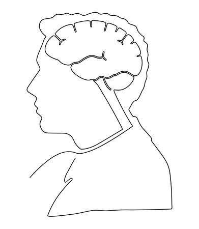 Human brain in man profile view left. Continuous line drawing. Vector illustrationのイラスト素材
