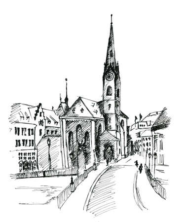 European church architecture. Gothic temple.Catholic church. Watercolor drawing illustrationの写真素材