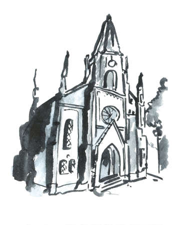 European church architecture. Gothic temple.Catholic church. Watercolor drawing illustrationの写真素材