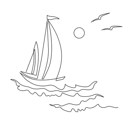 Yachts on sea waves. Seagull in the sunny sky. continuous line drawing illustration. isolated on white backgroundの写真素材