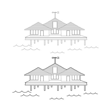 Bungalow on wooden stilts. Tropical bungalows on the water. A place for secluded relaxation. Line vector illustration.のイラスト素材