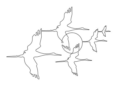 Flying birds Silhouette against the background of the sun or moon. continuous line drawing. vector illustration.のイラスト素材