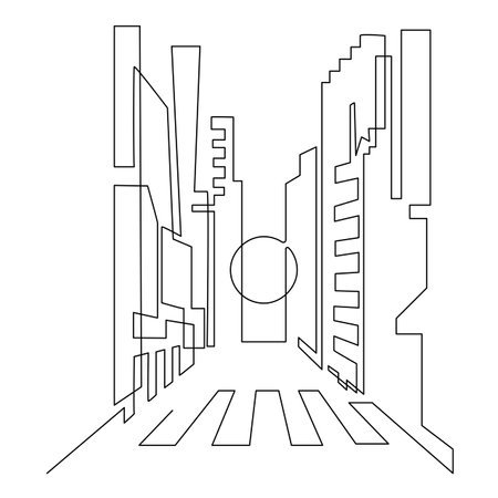 Megacity with skyscrapers. High-rise buildings on the sides of the road. Sunrise or sunset or moon. continuous line drawing. vector illustration.のイラスト素材