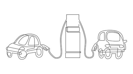 Gas station building construction at countryside. Fuel station service isolated doodle. continuous line drawing. vector illustrationのイラスト素材
