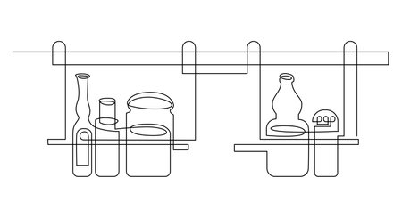 Hanging shelf railing with spices. Still life on the kitchen table. continuous line drawing. vector illustrationのイラスト素材
