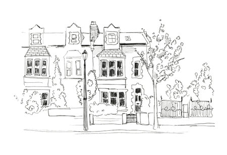 Sketch of a street in the old town. Black pen illustration, isolated on white background bridgeの写真素材