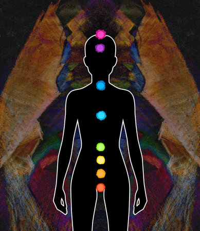 Female body with colored circles of chakras as a symbol of female spiritual and health. Auraの写真素材
