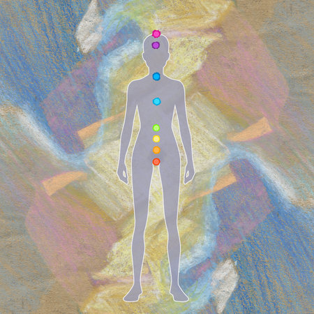 Female body with colored circles of chakras as a symbol of female spiritual and health. Aura