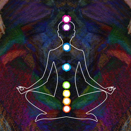 Female body in lotus position with colored circles of chakras as a symbol of female spiritual and health. Aura and yogaの写真素材