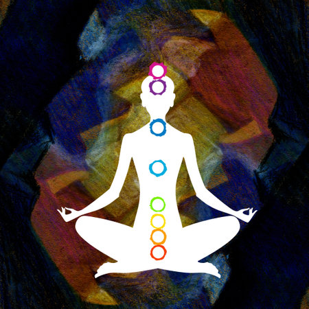 Female body in lotus position with colored circles of chakras as a symbol of female spiritual and health. Aura and yogaの写真素材