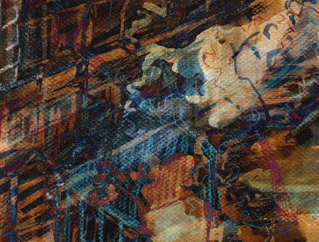 Avant-garde Abstract city landscape. Steampunk color expression painting for disturbing backgroundの写真素材