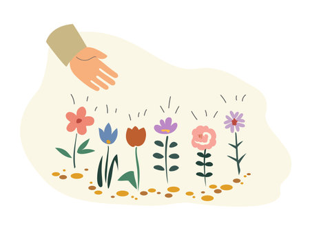 Gardening. Flowers and hand, vector illustration. Flat design styleのイラスト素材