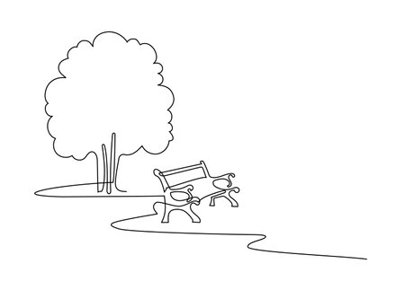 Wooden bench on a path in a garden or park. A place to relax in nature. Continuous line drawing illustration.の写真素材