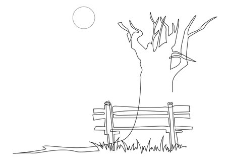 Landscaped park with paths and trees. Wooden bench on a path in a garden or park. A place to relax in nature. Continuous line drawing. Vector illustration.のイラスト素材
