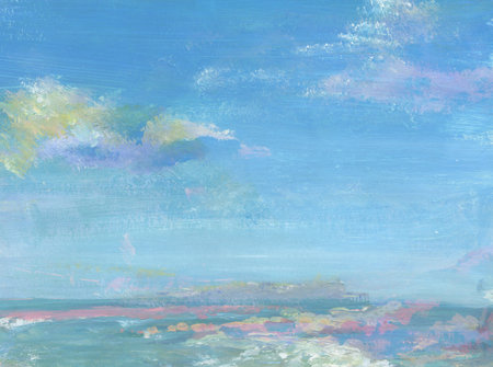 Abstract expression sea landscape background with blue and pink. Watercolors on paper textureの写真素材