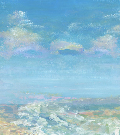 Abstract expression sea landscape background with blue and pink. Watercolors on paper textureの写真素材