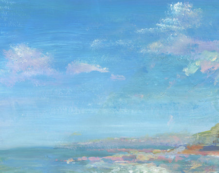 Abstract expression sea landscape background with blue and pink. Watercolors on paper textureの写真素材
