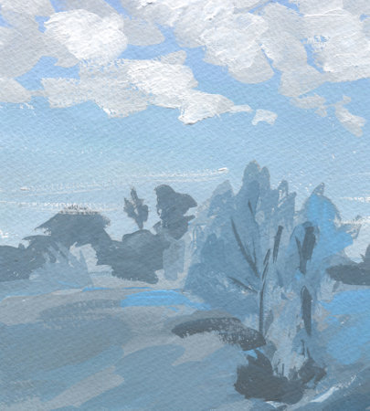 Abstract expression foggy evening background with blue and pink. Gouache on paper textureの写真素材