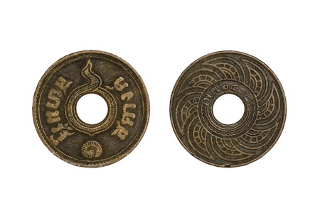 Old thai coins 1 satang year 1935 isolated on white backgroundの写真素材