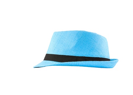 Blue woven hat isolated on white backgroundの写真素材