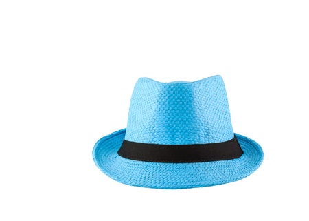 Blue woven hat isolated on white backgroundの写真素材