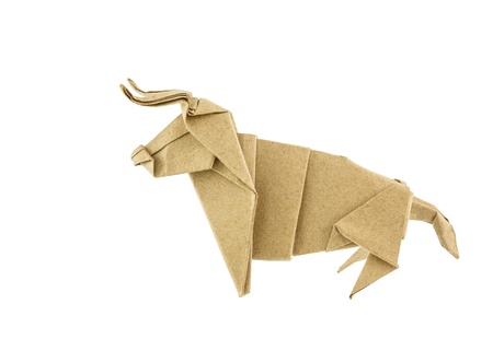 Origami bull recycle paper isolated on white backgroundの写真素材